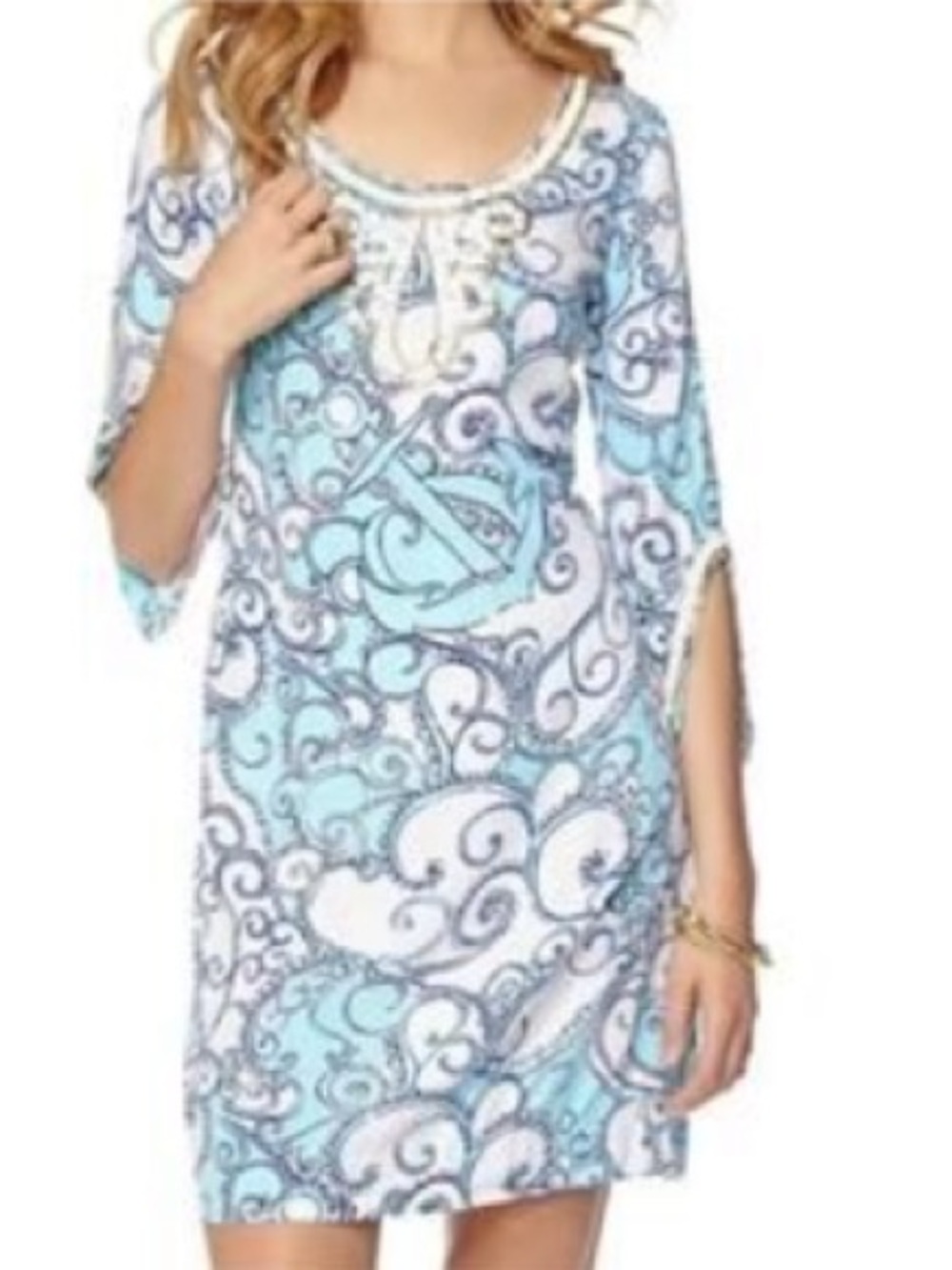 NWT LILLY PULITZER SARAH BEADED Lilly Pulitzer Aqua and White Swirl Dress, M